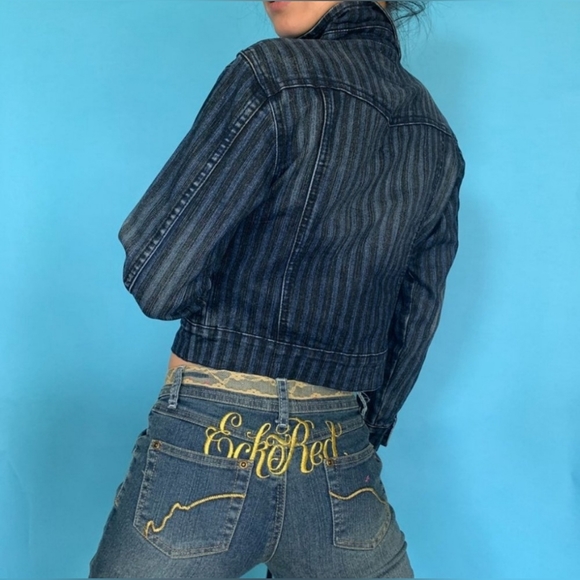 🆕️Y2k Crest Striped Lace Up Demin Cropped Jacket NWT Sz L - Picture 12 of 14